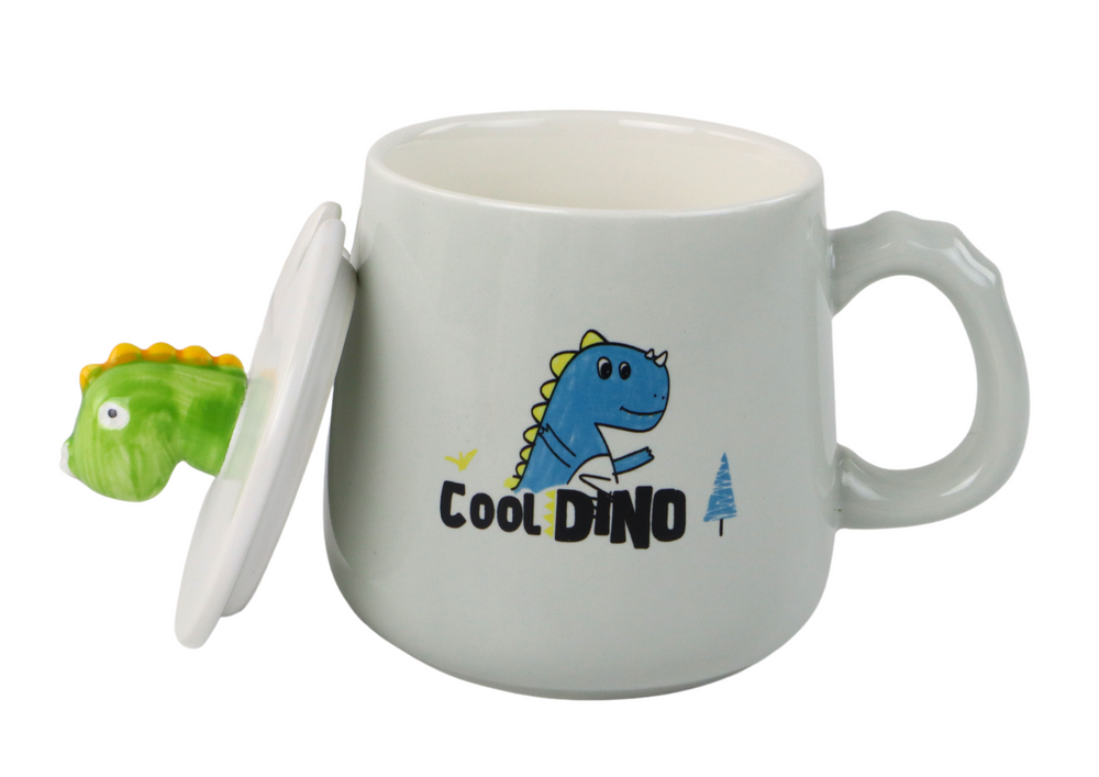 E-shop Keramický Hrnček Dinosaurus Modrý s Pokrievkou a Lyžičkou 350ml