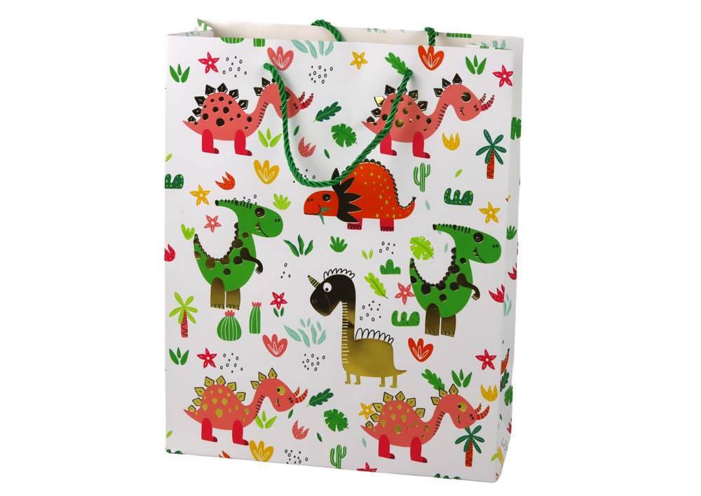 mamido Papierová darčeková taška Farebné dinosaury a palmy 32 cm x 26 cm x 10 cm