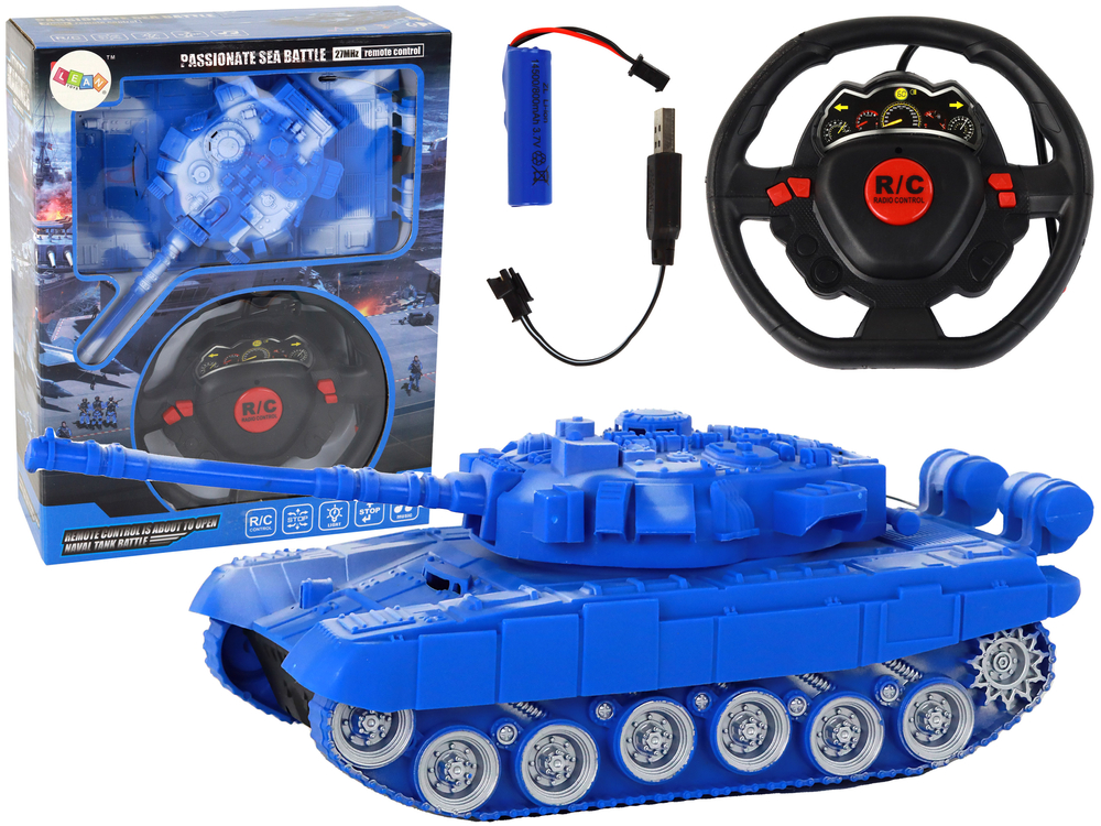 E-shop Tank R/C s diaľkovým ovládaním, svetlá, zvuk, modrý 1:18 27MHz