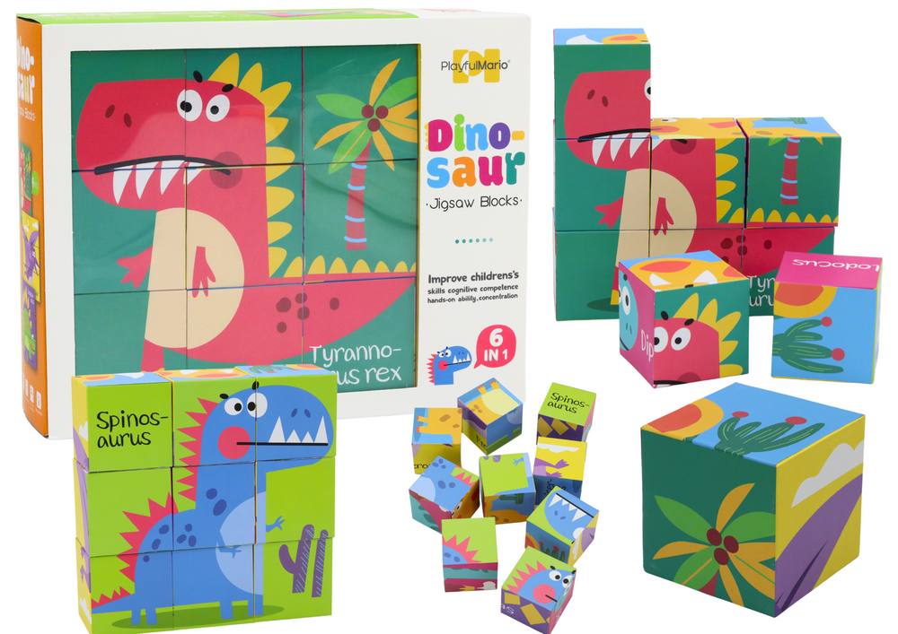 mamido Edukačné puzzle 6v1 skladačka kocky 6 obrázkov dinosaury 9 dielov