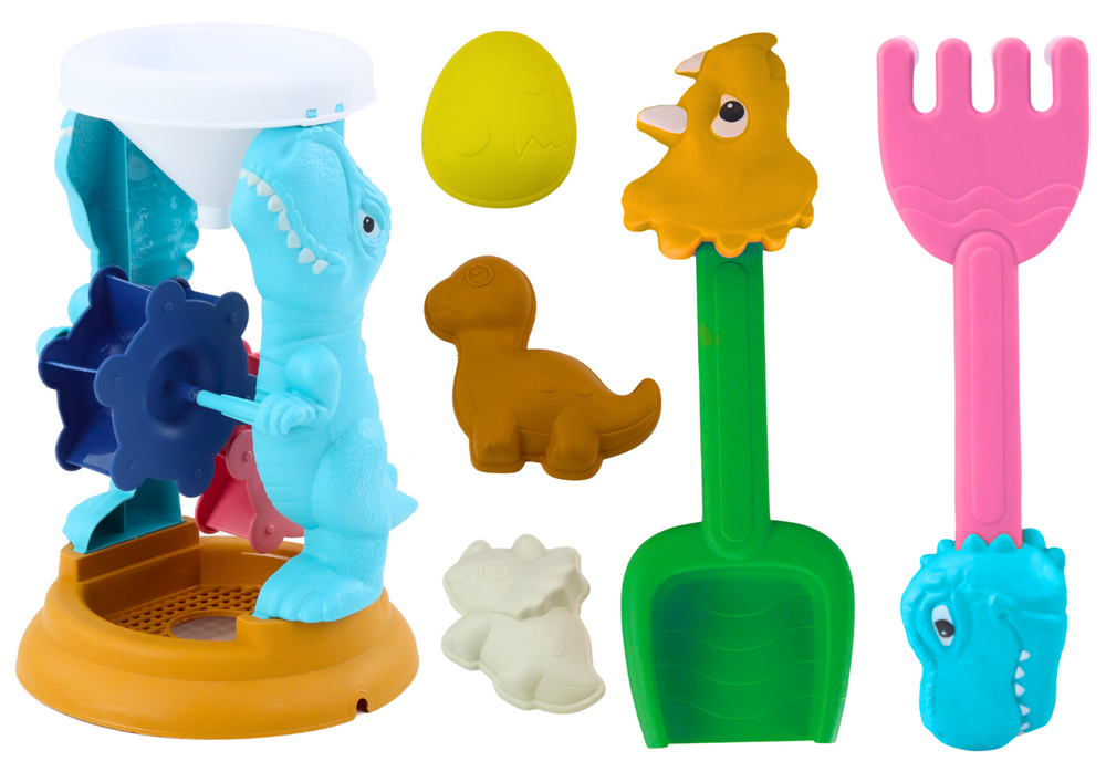Sada hračiek na piesok mlynček, lopatka, hrable, formičky dinosaury
