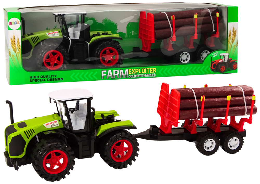 mamido Zelený farmársky traktor s prívesom na drevo 9 kmeňov