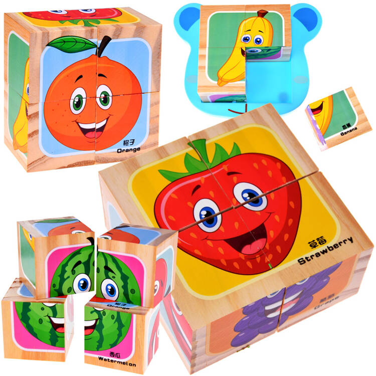 Drevené kocky ovocné puzzle 4 kocky 6 obrázkov
