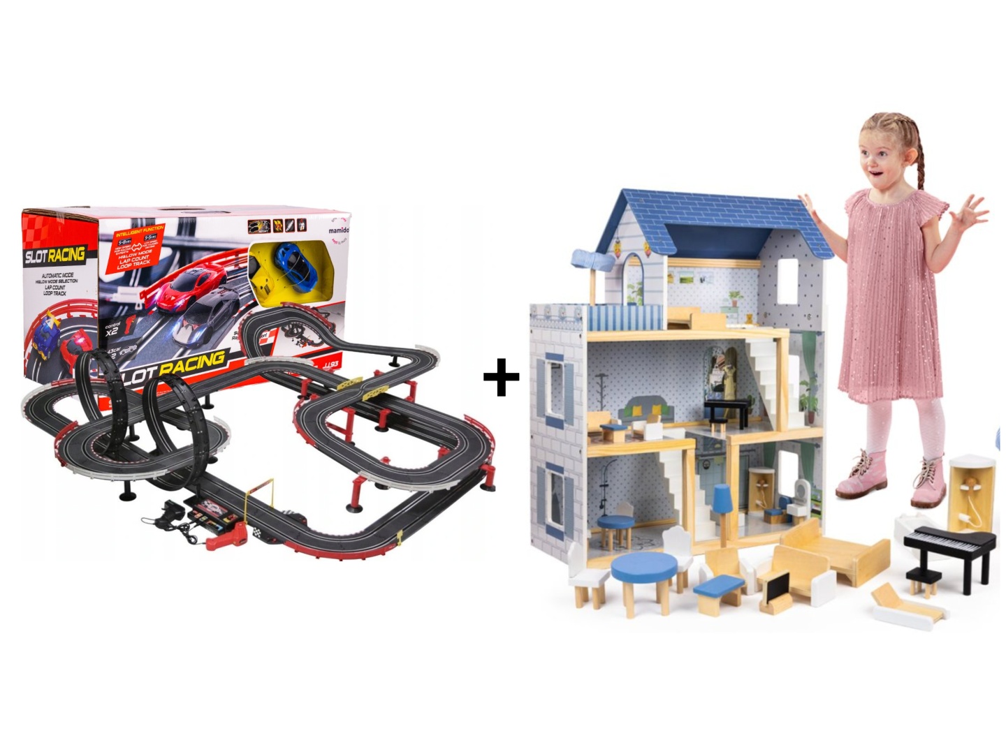 Výhodná sada Autodráha Gigant 1420cm + Domček pre bábiky Roxana s nábytkom a príslušenstvom XL 78cm 15ks + LED osvetlenie