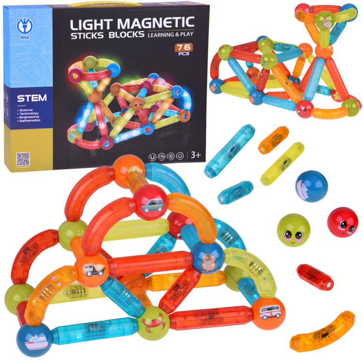 mamido Magnetické 3D stavebnice Farebné podsvietené kocky pre deti 76ks ZA5239