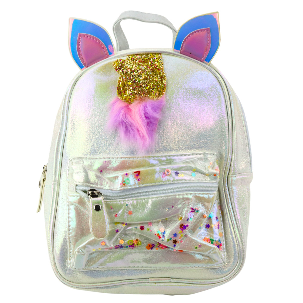 Detský batoh s pohyblivými konfetami Jednorožec 25cm 4,5L perleťový