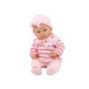 Bábika bábätko v ružovom svetríku s pruhmi, čiapočkou a šálom