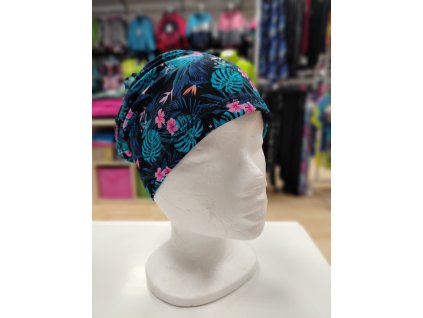 Bavlněná SLABÁ čepice s potiskem - modrá s květinami