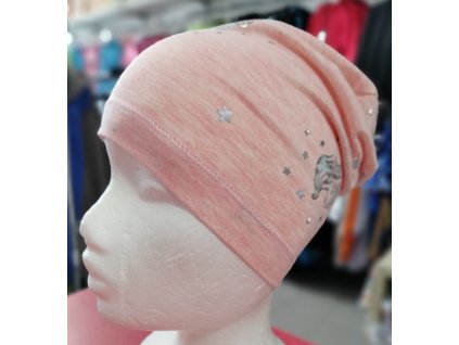 Bavlněná SLABÁ čepice - růžová s jednorožci