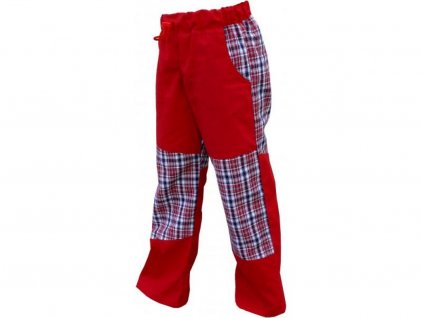 Letní dětské bavlněné kalhoty červené+červeno-modro-bílá malá kostka, vel.116