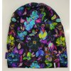 Bavlněná SLABÁ čepice s potiskem - černá s květy