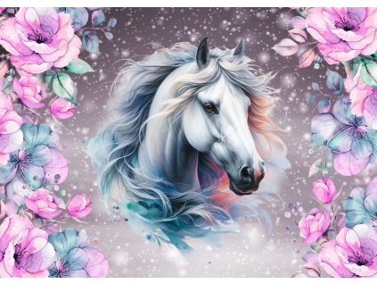 Koženkový panel  28x20cm bílý kůň s květinou na tmavším podkladu