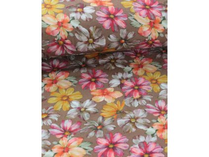 Viskozový úplet  - barevné květy na hnědé 1,2m