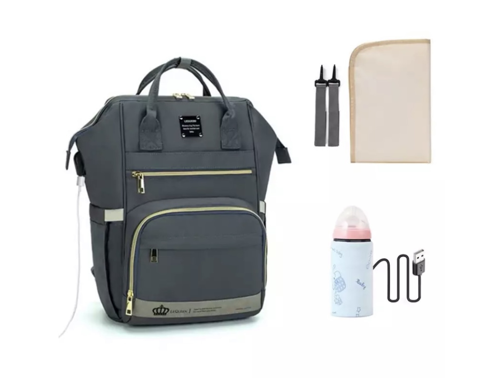 Přebalovací batoh na kočárek s praktickými termokapsami, USB ohřívačem lahviček a háčky na kočárek. Ergonomický batoh s USB portem. Ideální dárek pro maminky