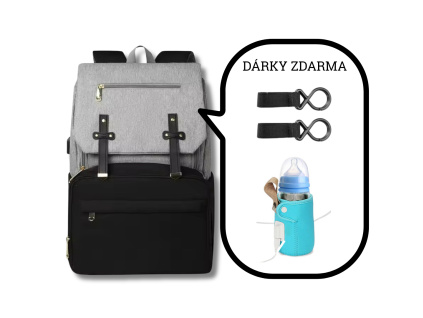 Přebalovací batoh na kočárek s praktickými termokapsami, USB ohřívačem lahviček a háčky na kočárek. Ergonomický batoh s USB portem. Ideální dárek pro maminky.