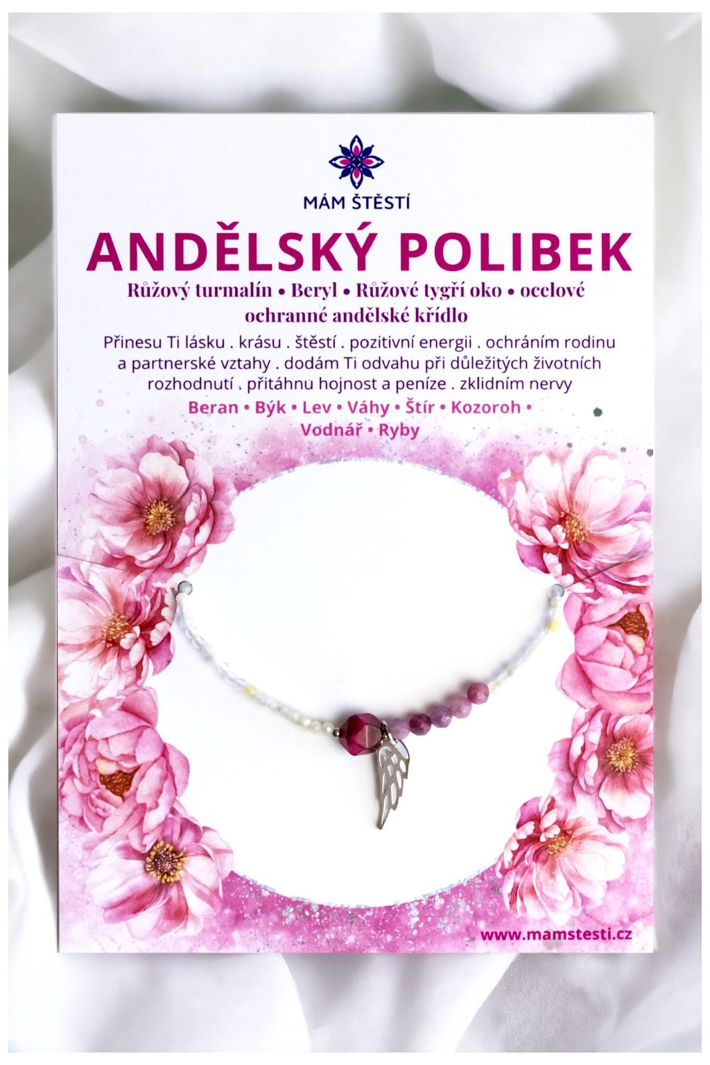 ANDĚLSKÝ-POLIBEK-Mám-štěstí-cz-8594198293464-bílá-růžová-fialková-turmalín-růžový-beryl-růžové-tygří-oko-ocelové-ochranné-andělské-křídlo-štěstí-jak-mít-štěstí-znamení-horoskopu-Beran-Blíženci-Rak-Lev-Panna-Štír-Střelec-Kozoroh-Vodnář-Ryby-horoskop-náramky-z-minerálů-polodrahokamy-dárek-nevěsta-svatba-minerální-náramky-podla-znamení-léčivé-kameny-láska-ručně-vyráběné-český-výrobek-energie-zdravý-životní-styl-dárek-pro-učitelku-kamarádku-babičku-maminku-k-narozeninám-výročí-vánoční-dárek-boho-styl-stříbrná-amulet-pro-štěstí-talisman-peníze-zdraví-krása-fashion-módní-náramky-korálky-zvěrokruhy-partnerský-horoskop-horoskopy-andělíček-štěstí