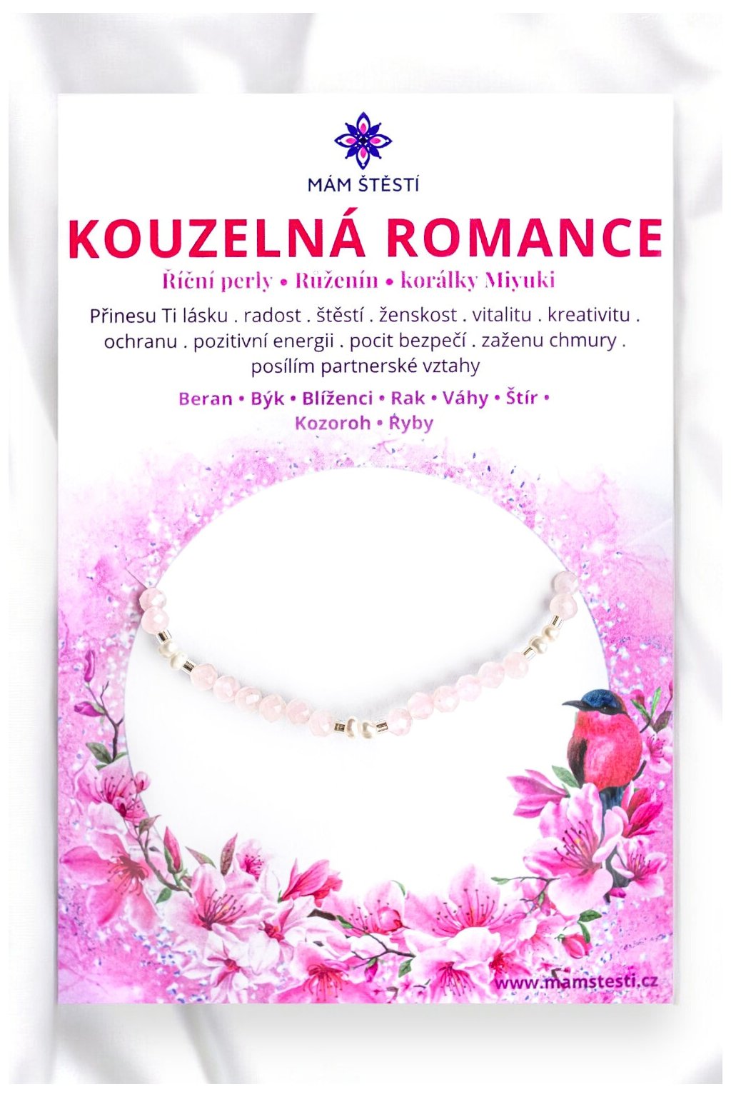 KOUZELNÁ-ROMANCE-Mám-štěstí-cz-8594198294638-Růžová-bílá-Růženín-říční-perly-štěstí-jak-mít-štěstí-znamení-horoskopu-Beran-Blíženci-Rak-Lev-Panna-Štír-Střelec-Kozoroh-Vodnář-Ryby-horoskop-náramky-z-minerálů-polodrahokamy-dárek-nevěsta-svatba-minerální-náramky-podla-znamení-léčivé-kameny-láska-ručně-vyráběné-český-výrobek-energie-zdravý-životní-styl-dárek-pro-učitelku-kamarádku-babičku-maminku-k-narozeninám-výročí-vánoční-dárek-boho-styl-stříbrná-amulet-pro-štěstí-talisman-peníze-zdraví-krása-fashion-módní-náramky-korálky-zvěrokruhy-partnerský-horoskop-horoskopy-andělíček-štěstí