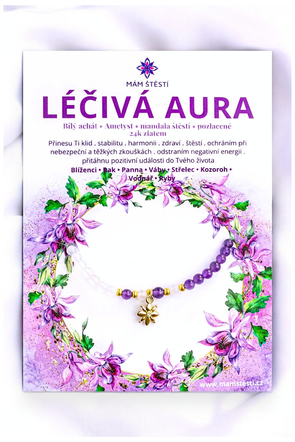 LÉČIVÁ-AURA-Mám-štěstí-cz-8594198294904-Bílá-fialová-Bílý-achát-Ametyst-mandala-štěstí-pozlacené-24k-zlatem-štěstí-jak-mít-štěstí-znamení-horoskopu-Beran-Blíženci-Rak-Lev-Panna-Štír-Střelec-Kozoroh-Vodnář-Ryby-horoskop-náramky-z-minerálů-polodrahokamy-dárek-nevěsta-svatba-minerální-náramky-podla-znamení-léčivé-kameny-láska-ručně-vyráběné-český-výrobek-energie-zdravý-životní-styl-dárek-pro-učitelku-kamarádku-babičku-maminku-k-narozeninám-výročí-vánoční-dárek-boho-styl-stříbrná-amulet-pro-štěstí-talisman-peníze-zdraví-krása-fashion-módní-náramky-korálky-zvěrokruhy-partnerský-horoskop-horoskopy-andělíček-štěstí