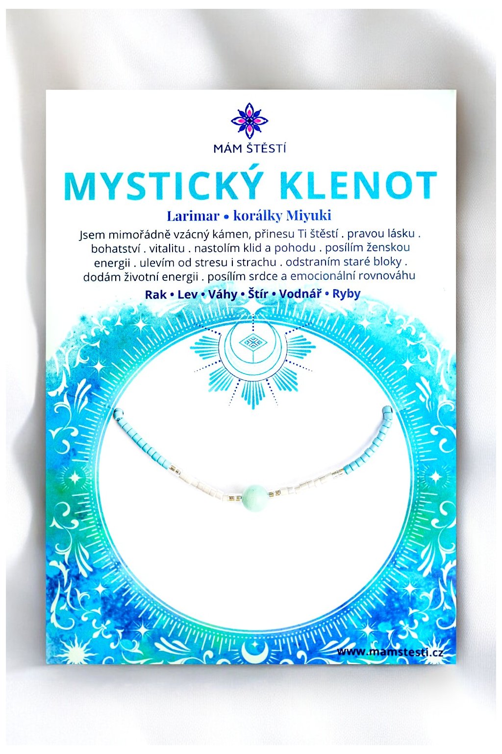MYSTICKÝ-KLENOT-Mám-štěstí-cz-8594198294645-Tyrkysová-bílá-Larimar-korálky-Miyuki-štěstí-jak-mít-štěstí-znamení-horoskopu-Beran-Blíženci-Rak-Lev-Panna-Štír-Střelec-Kozoroh-Vodnář-Ryby-horoskop-náramky-z-minerálů-polodrahokamy-dárek-nevěsta-svatba-minerální-náramky-podla-znamení-léčivé-kameny-láska-ručně-vyráběné-český-výrobek-energie-zdravý-životní-styl-dárek-pro-učitelku-kamarádku-babičku-maminku-k-narozeninám-výročí-vánoční-dárek-boho-styl-stříbrná-amulet-pro-štěstí-talisman-peníze-zdraví-krása-fashion-módní-náramky-korálky-zvěrokruhy-partnerský-horoskop-horoskopy-andělíček-štěstí