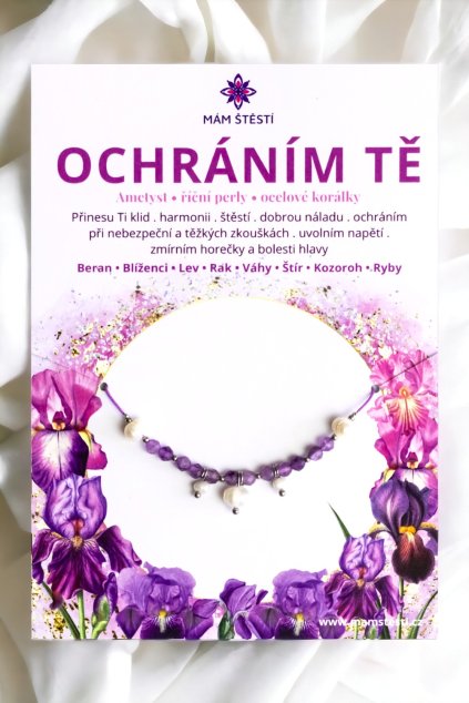 OCHRÁNÍM-TĚ-Mám-štěstí-cz-8594198293686-fialová-bílá-ametyst-říční-perly-štěstí-jak-mít-štěstí-znamení-horoskopu-Beran-Blíženci-Rak-Lev-Panna-Štír-Střelec-Kozoroh-Vodnář-Ryby-horoskop-náramky-z-minerálů-polodrahokamy-dárek-nevěsta-svatba-minerální-náramky-podla-znamení-léčivé-kameny-láska-ručně-vyráběné-český-výrobek-energie-zdravý-životní-styl-dárek-pro-učitelku-kamarádku-babičku-maminku-k-narozeninám-výročí-vánoční-dárek-boho-styl-stříbrná-amulet-pro-štěstí-talisman-peníze-zdraví-krása-fashion-módní-náramky-korálky-zvěrokruhy-partnerský-horoskop-horoskopy-andělíček-štěstí