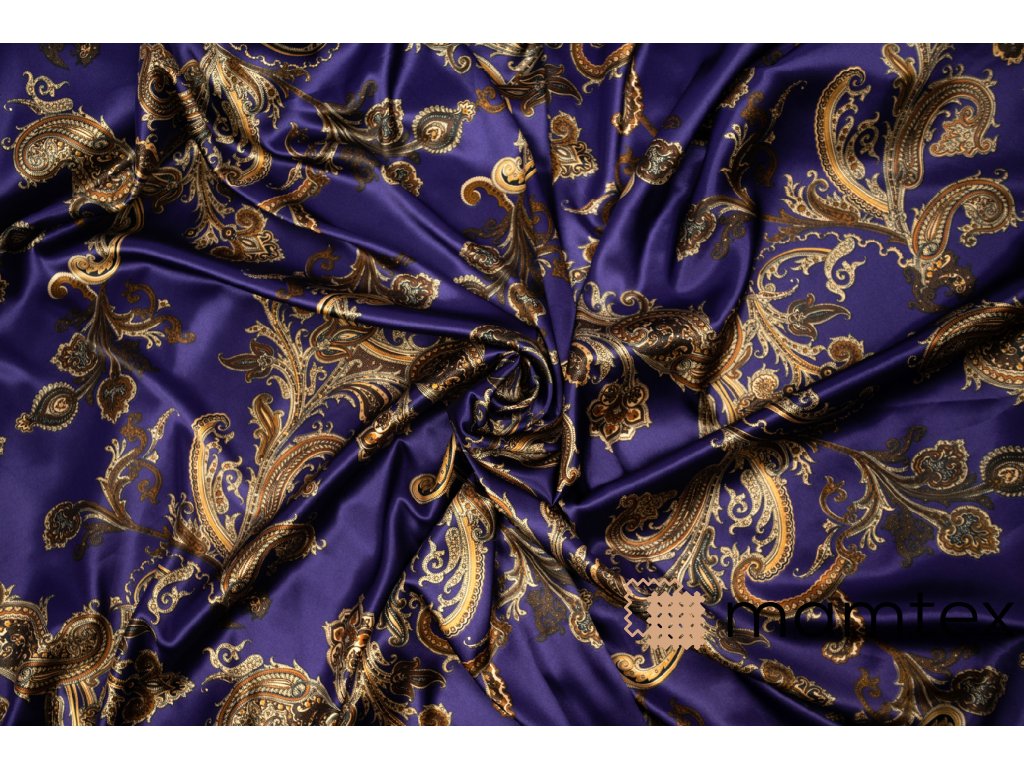 umele hedvabi silky armani fialova melaz se zlatymi kasmirovymi ornamenty