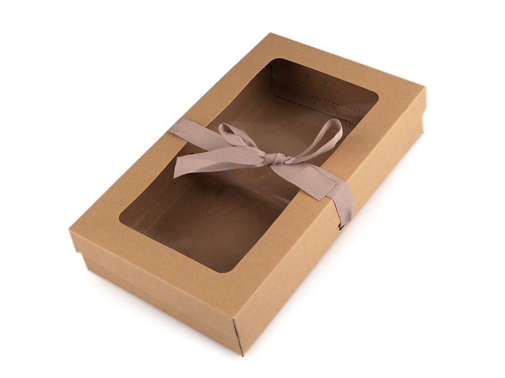 Papírová krabička s průhledem a stuhou (Balení 5 ks, Varianta hnědá přírodní)