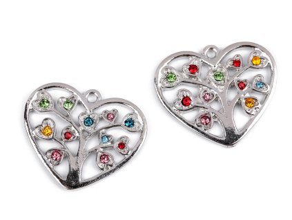 Přívěsek srdce se stromem života a broušenými kamínky 26x30 mm (Balení 2 ks, Varianta 1 platina)