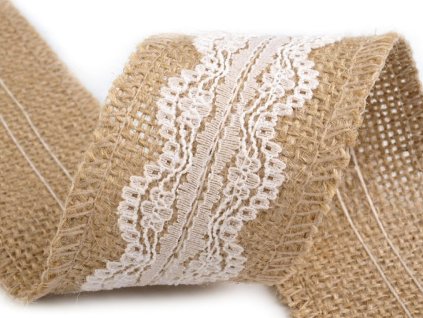 Jutová stuha s krajkou šíře 50 mm, 60 mm (Balení 1 ks, Varianta 2 (50 mm) režná přírodní)