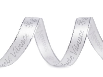 Vánoční saténová stuha Veselé Vánoce šíře 15 mm (Balení 18 m, Varianta bílá stříbrná)