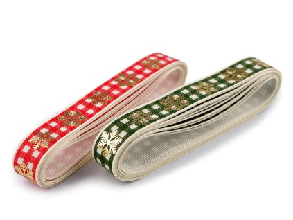 Vánoční rypsová stuha káro vločky šíře 16 mm (Balení 90 m, Varianta 1 červená zlatá)