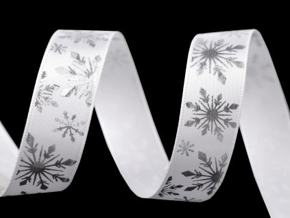 Vánoční saténová stuha vločky šíře 16 mm (Balení 3 m, Varianta 1 bílá stříbrná)