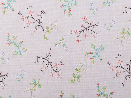 Bavlněná metráž / imitace lnu hrubší, květy / větvičky (Balení 1 m, Varianta režná)