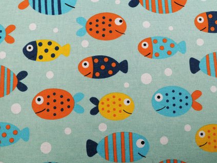Bavlněná metráž / imitace lnu hrubší, ryby (Balení 1 m, Varianta mint)
