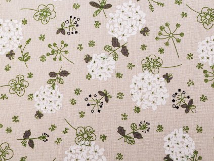 Bavlněná metráž / imitace lnu hrubší, květy (Balení 1 m, Varianta režná)