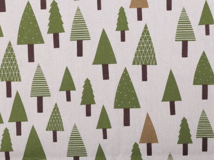 Bavlněná metráž / imitace lnu hrubší, stromečky (Balení 1 m, Varianta režná)