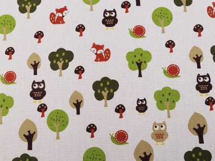 Bavlněná metráž / imitace lnu hrubší, lesní zvířátka (Balení 1 m, Varianta režná)