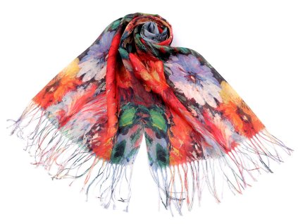 Šátek / šála s třásněmi malované květy 70x175 cm (Balení 1 ks, Varianta 2 modrá jemná)