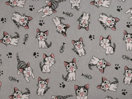 Bavlněná metráž / imitace lnu hrubší, kočka (Balení 1 m, Varianta šedá světlá)