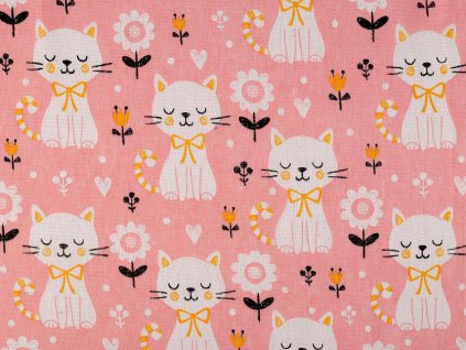Bavlněná metráž / imitace lnu hrubší, kočka (Balení 1 m, Varianta 1 růžová)