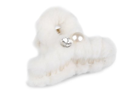 Skřipec do vlasů kožešinový s perlou a broušeným kamenem (Balení 1 ks, Varianta 3 béžová)