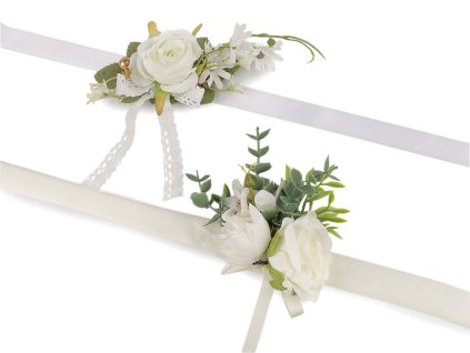 Náramek s květy pro družičky s uvazovací stuhou (Balení 1 ks, Varianta 1 krémová světlá)