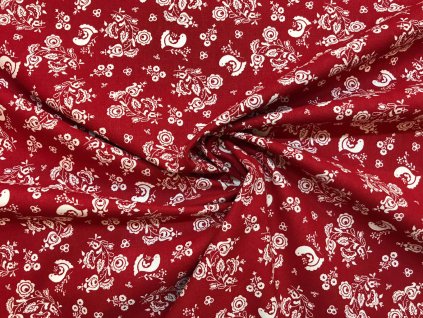 bavlnene platno folklorni motiv s ptacky na cervene r