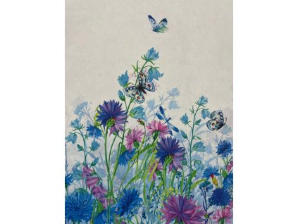 rezna bavlna oboustranna bordura modre a fialove kvety s motyli a vazkami