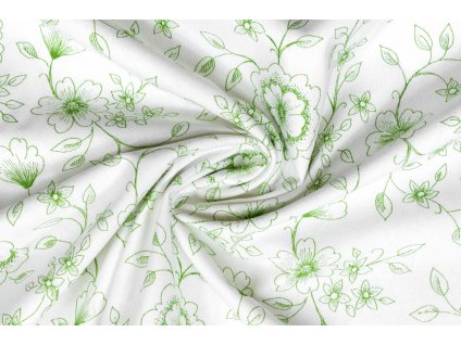 bavlna platno zelene kvitky s listky na bile