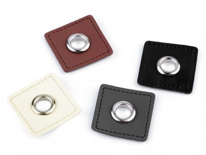 Priechodka s koženkovým štvorčekom na našitie, prievlak 8 mm (Balení 4 ks, Varianta 2 hnedá koňak nikel)