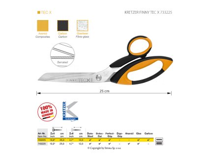 Nůžky s mikrozoubky pro obtížné materiály Kretzer Finny Tec X, délka 25 cm