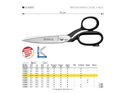 Krejčovské nůžky na těžké materiály Kretzer Spriale Classic, délka 25 cm