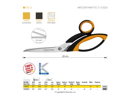 Nůžky s mikrozoubky pro obtížné materiály Kretzer Finny Tec X, délka 20 cm