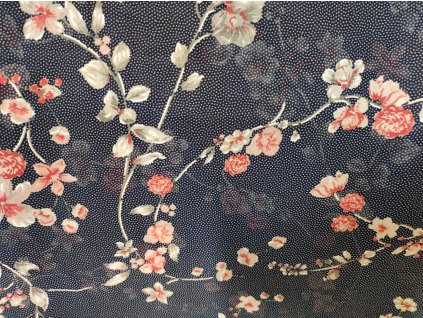 Šifon květy na větvičce na modém puntíkatém podkladu