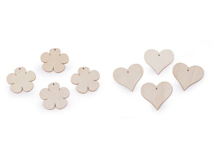 Dřevěný květ, srdce k zavěšení / domalování (Balení 10 ks, Varianta 2 přírodní sv. srdce)